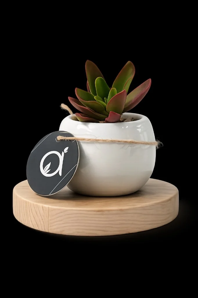 Crassula Campfire con borde encendido — suculenta para regalar en Lima, kit ALMARIA Kit Crassula Campfire para regalo en Lima con maceta y card ALMARIA